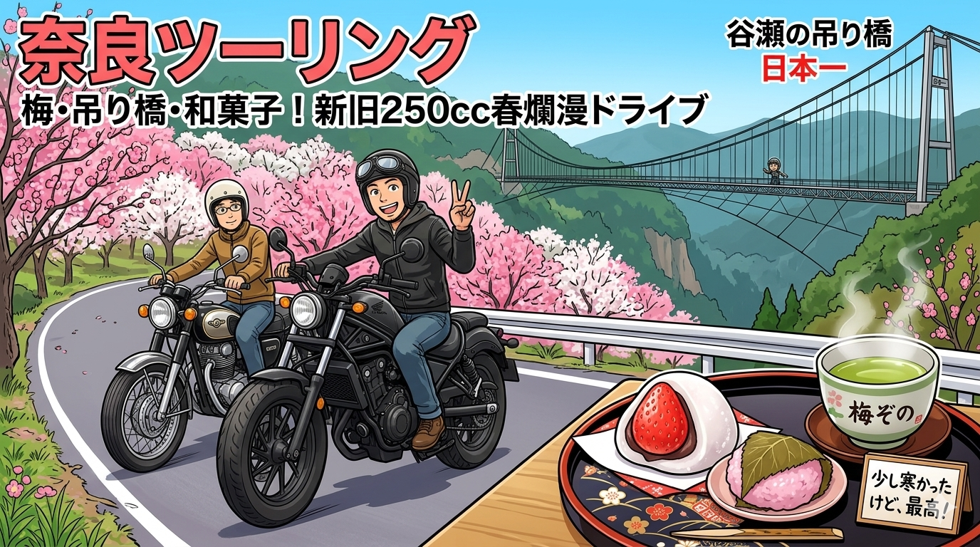 【奈良ツーリング】レブル250&メグロS1で行く!ピンクの梅林と日本一の吊り橋、そして心に染みる和菓子の旅菓子「梅ぞの」を巡る春の旅