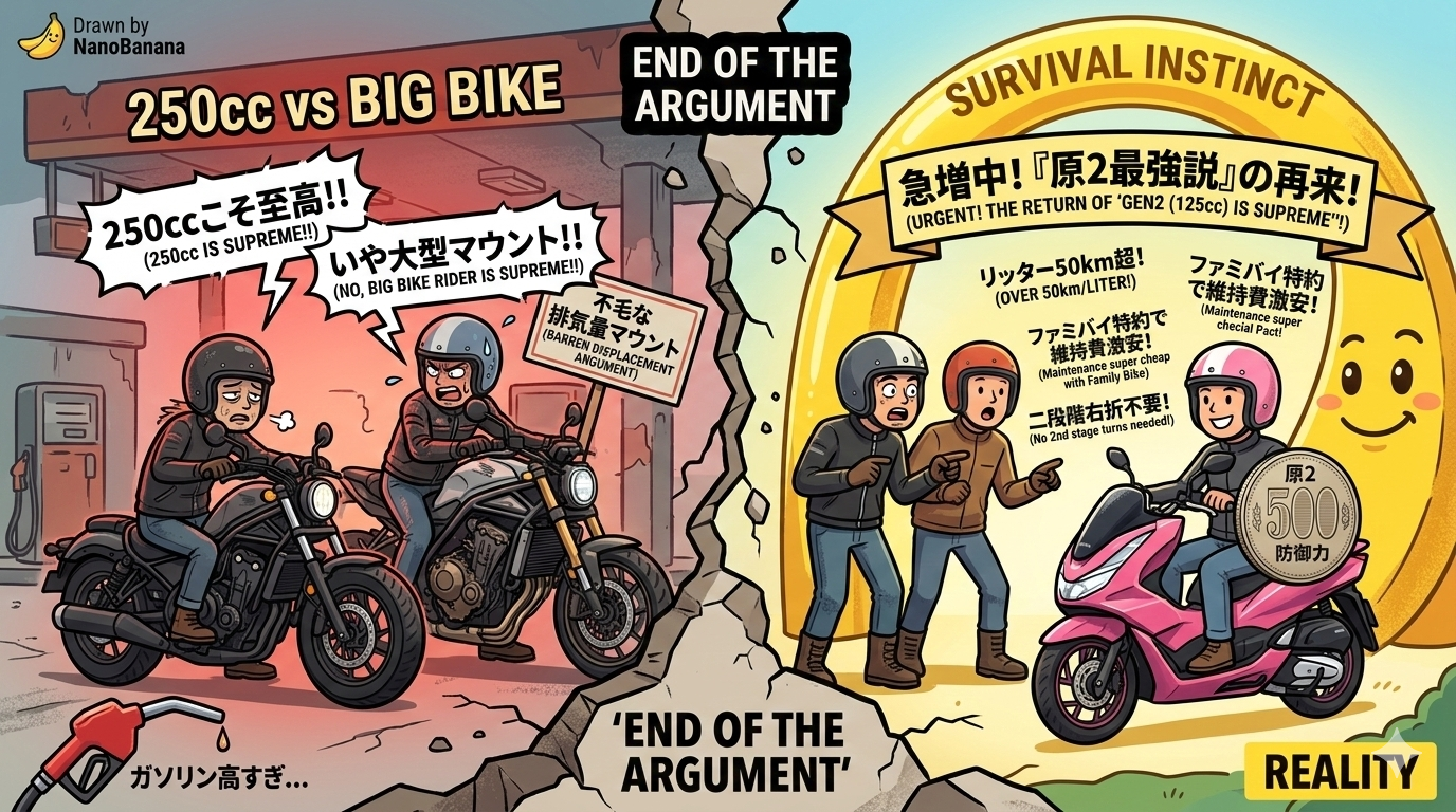 【心理考察】なぜ「250cc vs 大型論争」は一晩で消えたのか？ガソリン230円が呼び覚ました「原2最強」という生存本能