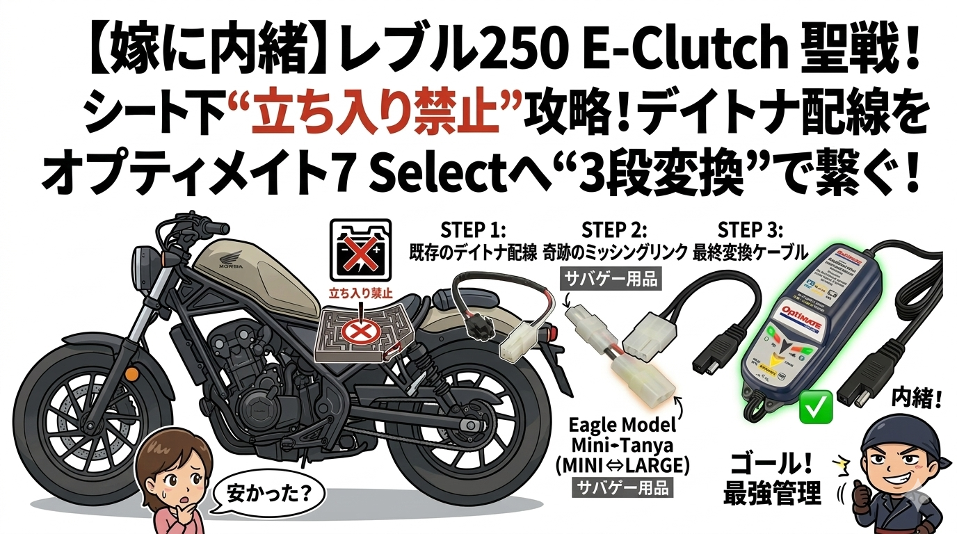 【嫁に内緒】レブル250 E-Clutch 聖戦！シート下“立ち入り禁止”攻略！デイトナ配線をオプティメイト7 Selectへ“3段変換”で繋ぐ！